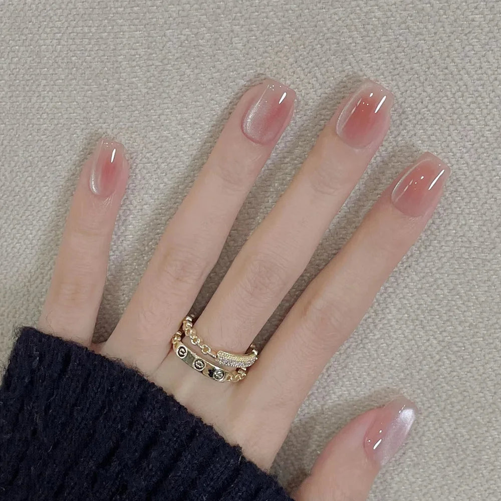 24Pcs  Gradient Color Fake Nail Simple Short Ballet Wearable False Nails with Cat Eye Design Press on Nails Full Cover Nail Tips