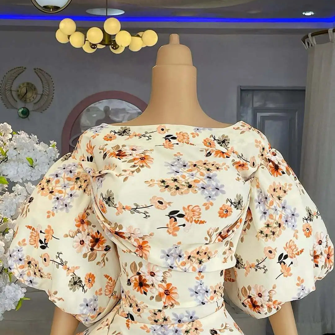 CM.YAYA Women Lantern Half Sleeve Ruffles Side Floral Print Side Split Long Maxi Dress 2025 Evening Sexy Party Dresses Vestidos