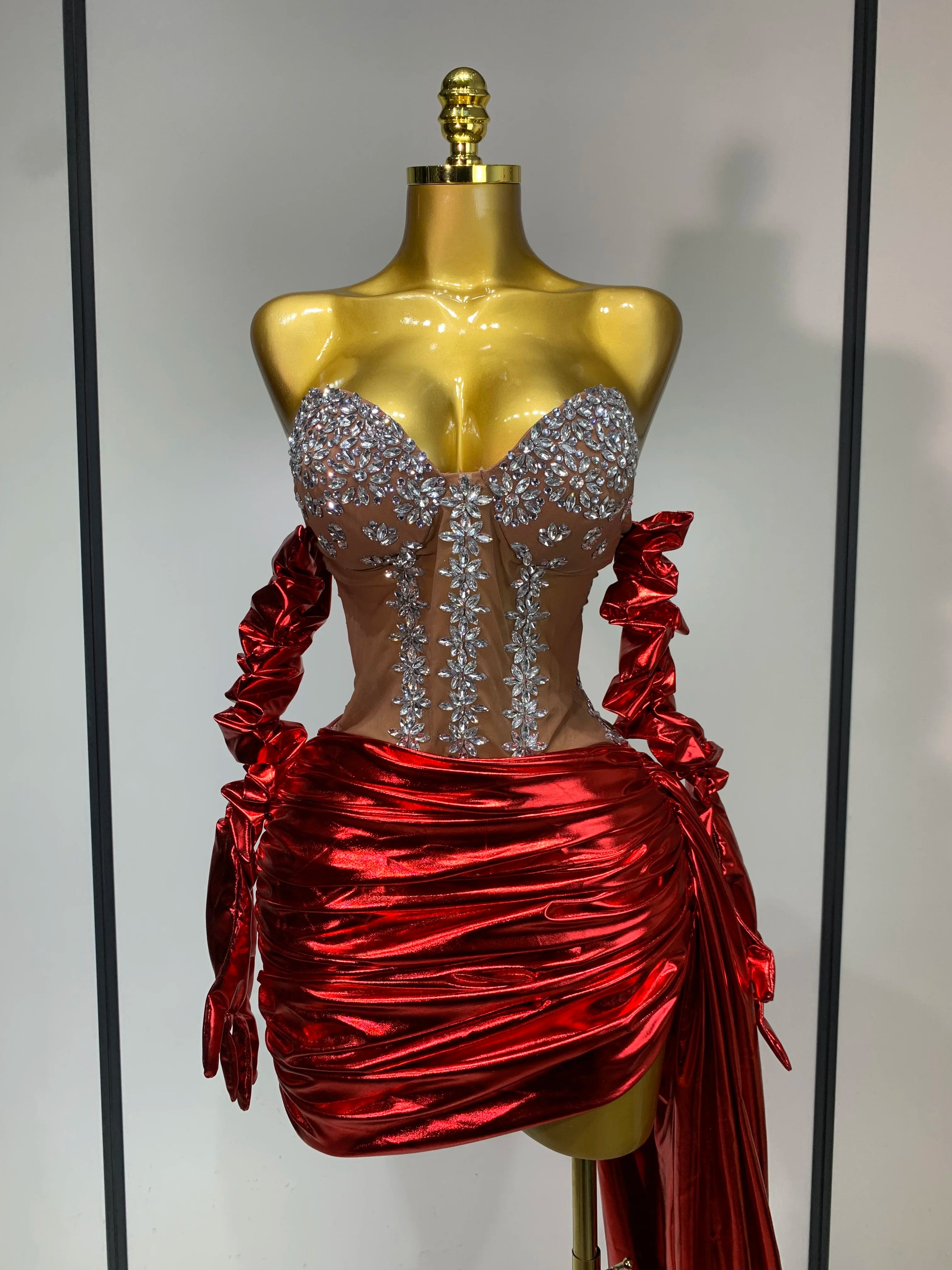 Sparkly Diamonds Sexy Mesh See Through Mini Dress Glove Women Celebrate Party Luxury Birthday Nightclub Perform Stage Outfit