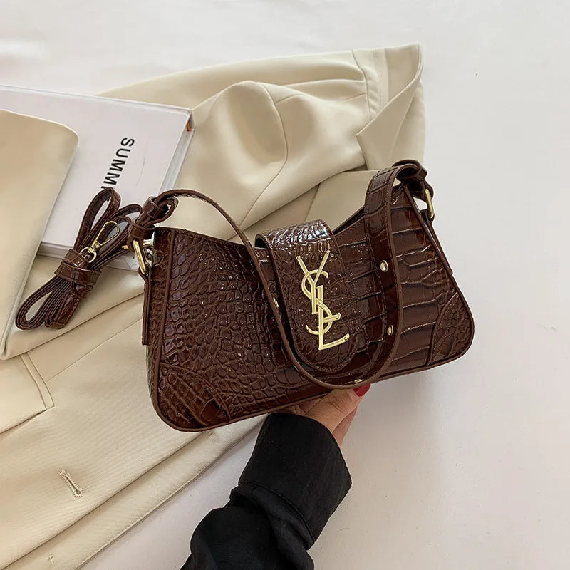 French Style Croc-Effect Handbag 2025 - Elegant Underarm & Crossbody Bag for Women, Versatile Top-Handle Shoulder Purse