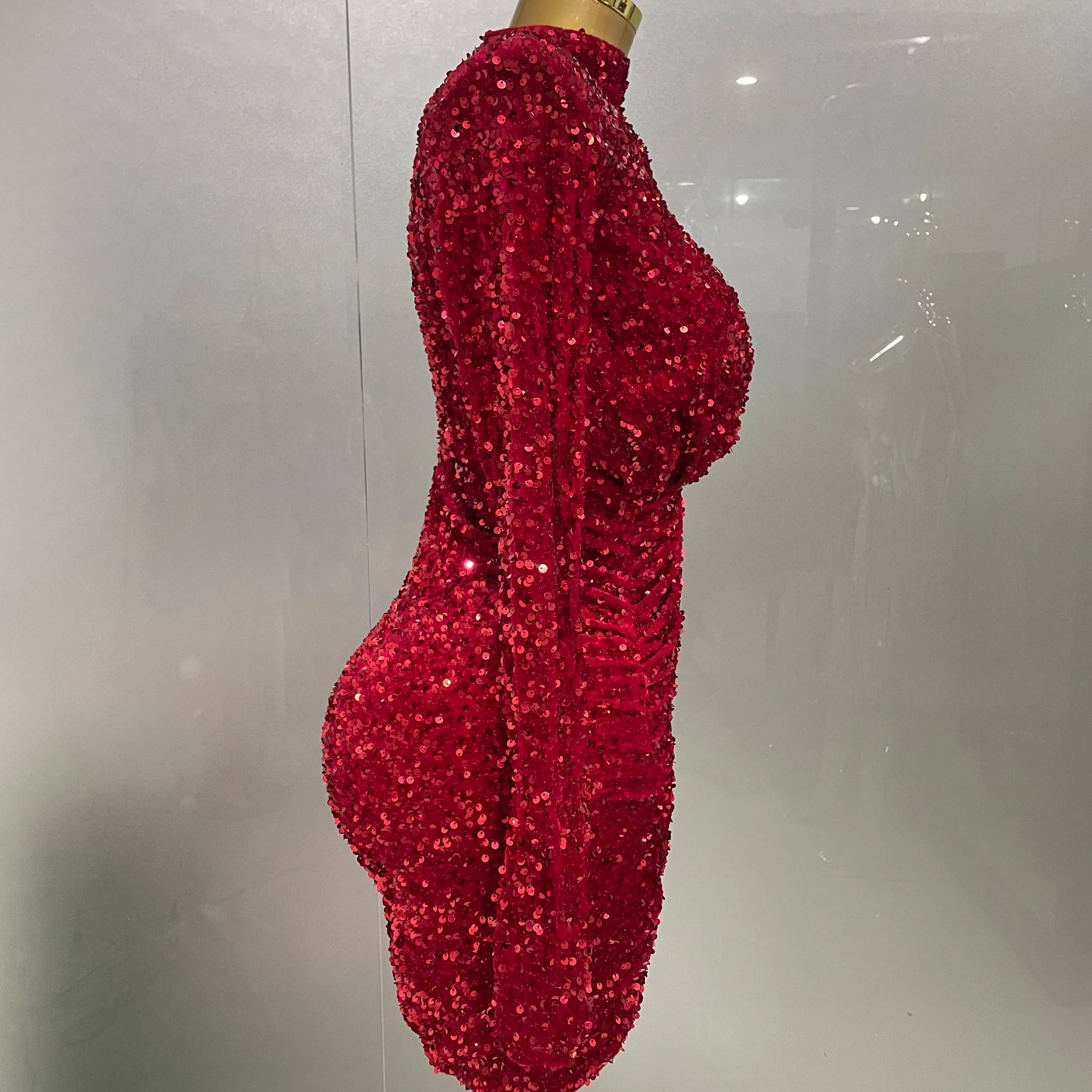 Sexy Sparkly Red Sequins Long Sleeve Short Dress 2025 New Women Evening Celebrate Birthday Party Club Performance Stage Costume