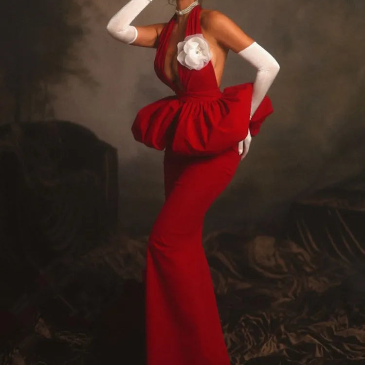 Women Celebrity Sexy Halter Backless Red Flower Maxi Long Bodycon Bandage Dress 2025 Elegant Evening Club Party Dress
