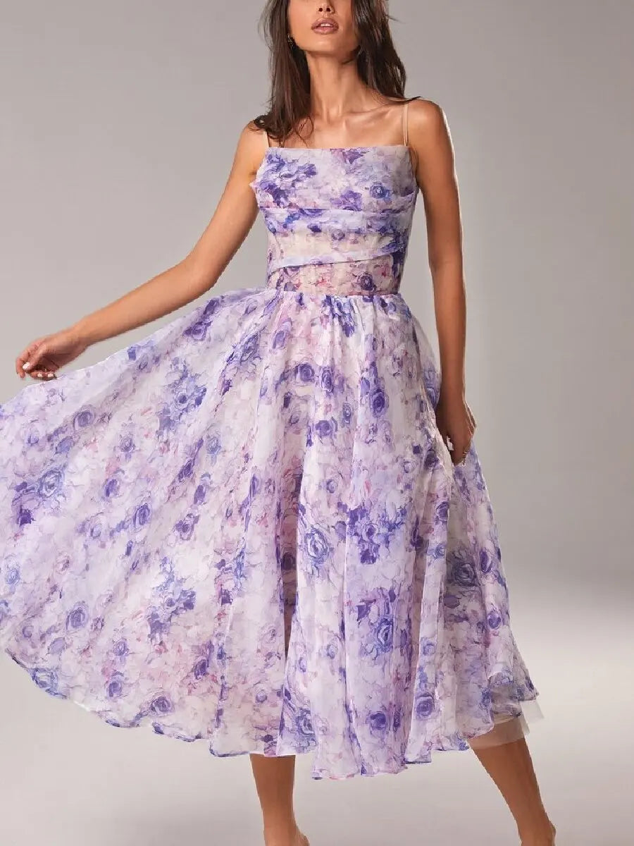 Bridal Luxury Evening Dresse Slim Fit Slash Neck A-LINE Sleeveless Ankle-Length Print Sling Chiffon Dress Women purple