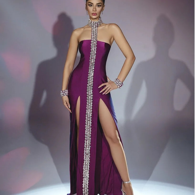 Purple Black Sparkly Crystal Women Sexy Off the Shoulder Halter Bodycon Long Bandage Dress Elegant Evening Party Prom Dress