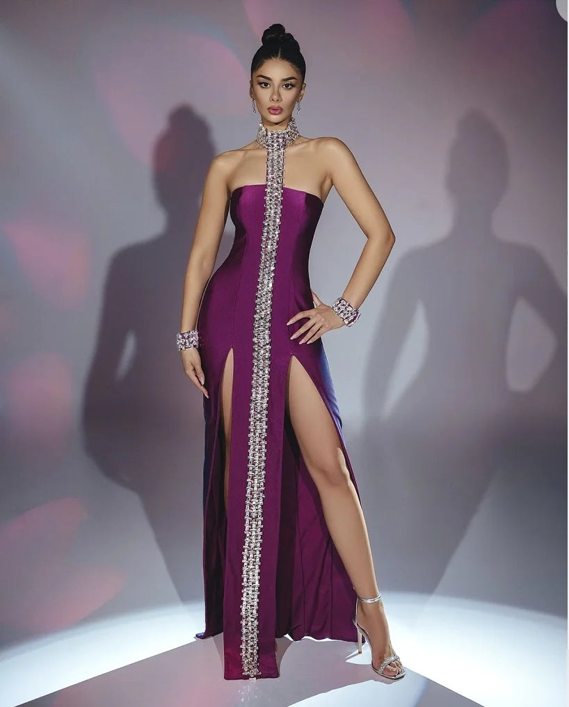 Purple Black Sparkly Crystal Women Sexy Off the Shoulder Halter Bodycon Long Bandage Dress Elegant Evening Party Prom Dress