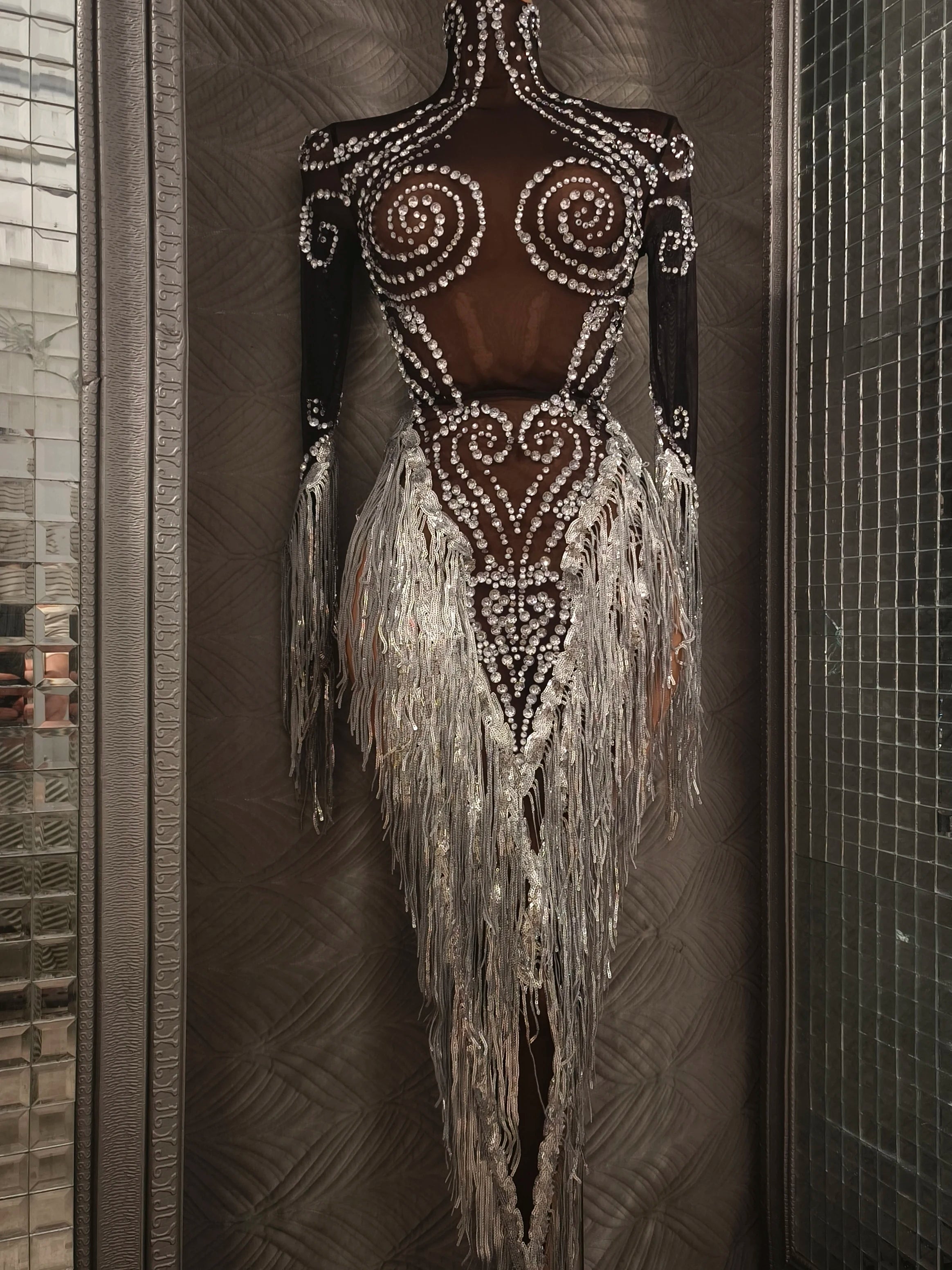 Women Sexy Mesh Silver Black Crystal Stretchy Night Club See Through Singer Dancer Tassel Stage Costume Mini Party Dress