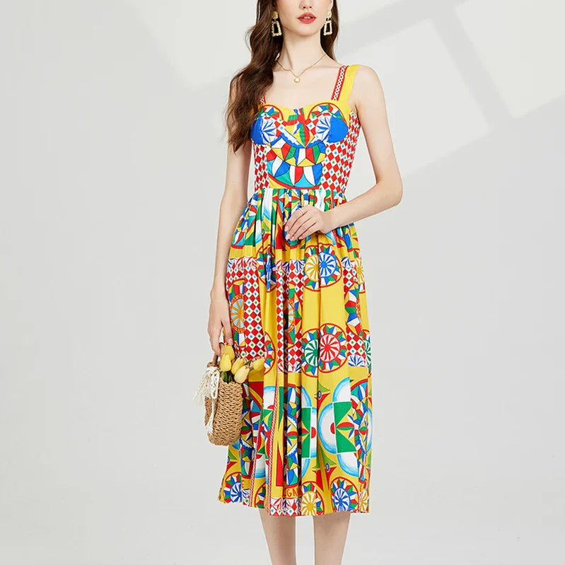 JAMERARY Floral Midi Long Rainbow Stripe Dress Women Fashion Runway Summer A Line Elastic Back Letters Print Vestidos 2023 New