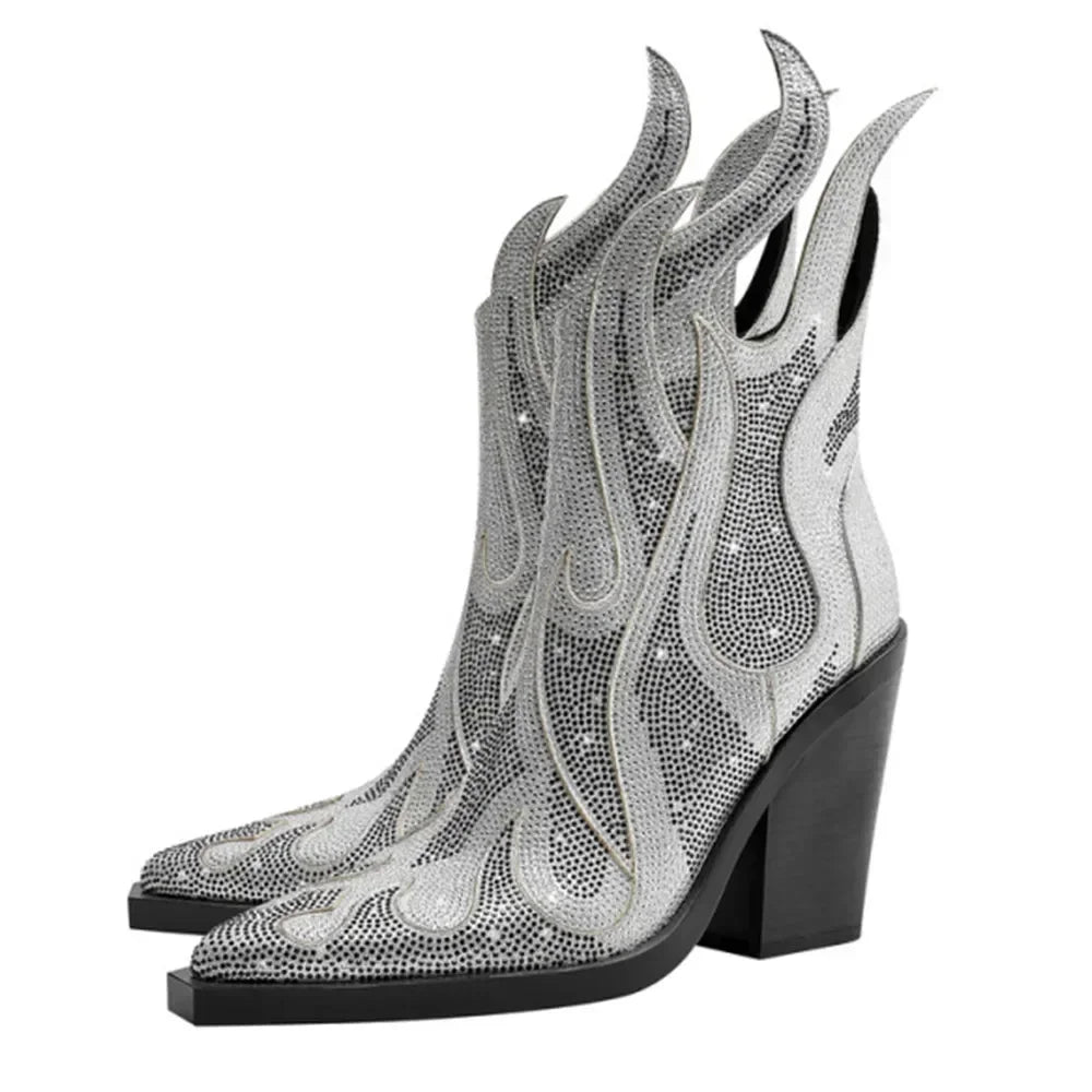 New Women's Rhinestone Flame Ankle Boots Fashion Square Head High Heels Western Boots Party Dress 43 Large Short Boots