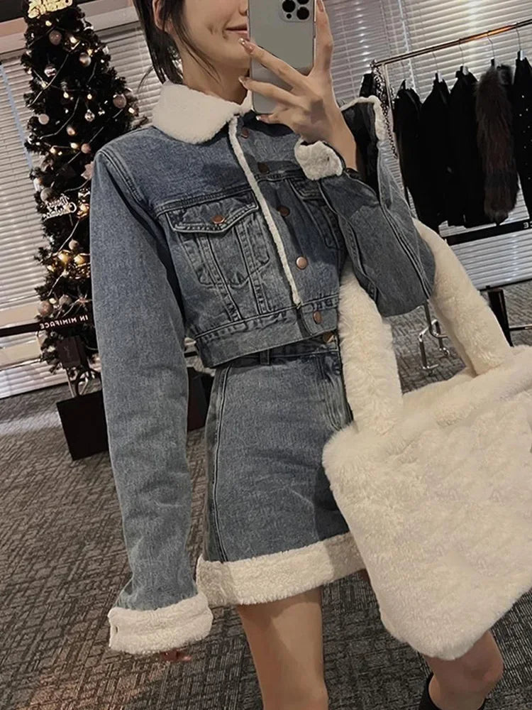 Autumn Winter Denim Skirt Suits Denim Imitation Lamb Jeans Coat Women High Sense High Street Sweet Cool Two Piece Set