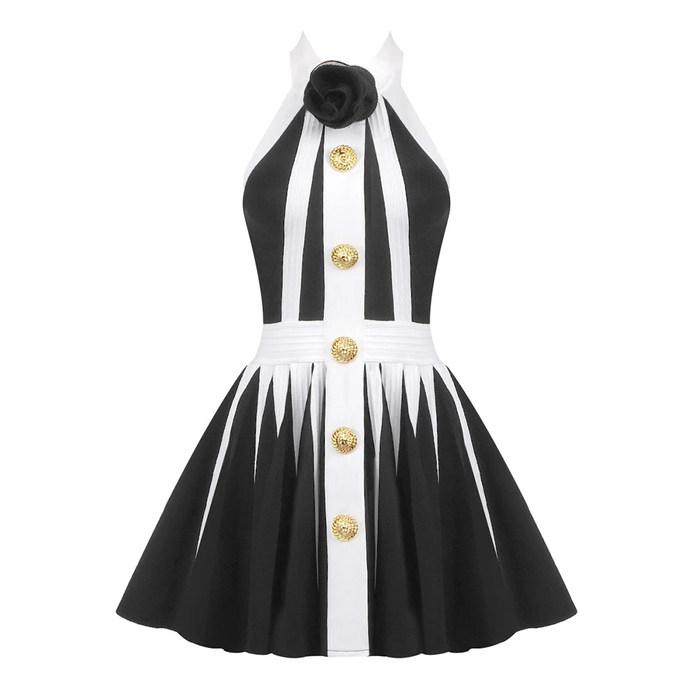 2024 New Summer Women Sexy Halter Off the Shoulder A-Line Mini Dress Bandage Fashion Button Birthday Party Evening Dress Vestido