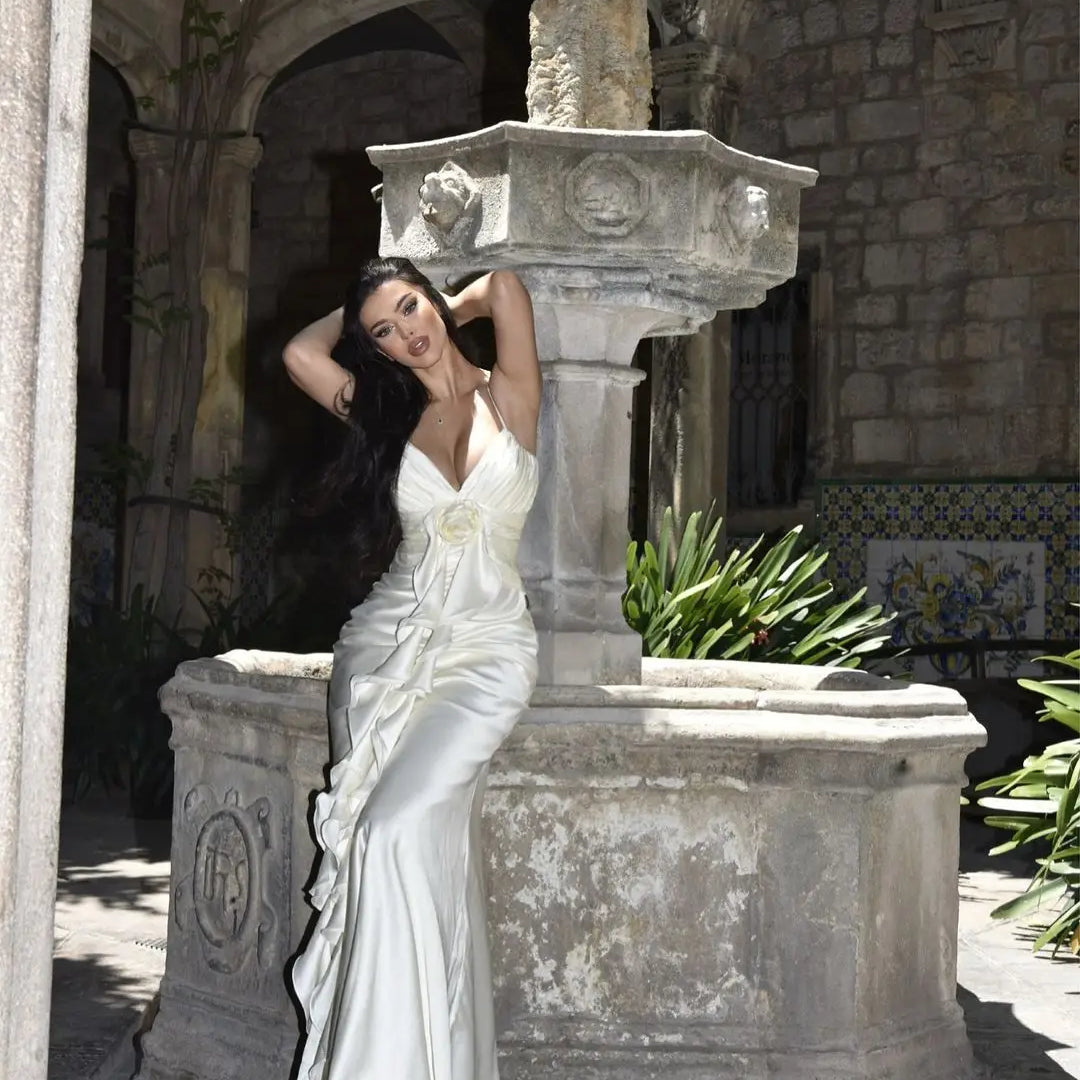 Women Sleeveless Sexy V-Neck Ruffles Bodycon Long Maxi Dress Satin Nightclub Party Celebrate Dress Wholesale