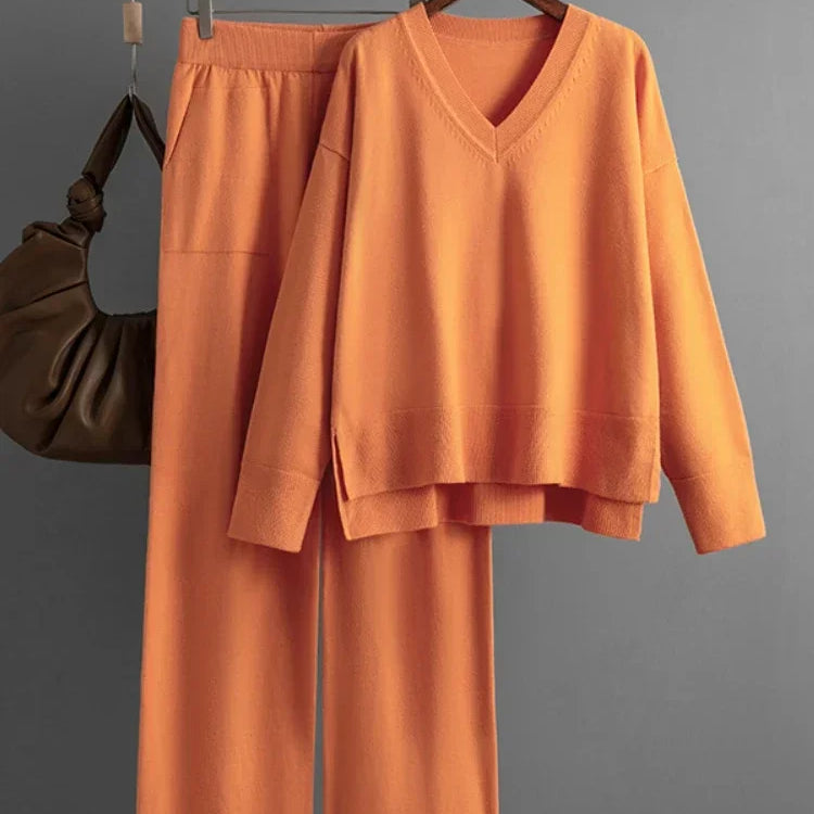 Knitted Sweater 2 Peice Set Women Winter Autumn Warm V-Neck Pullover Straight Jogging Pant Suits Casual Oversize Tracksuit Women Orange