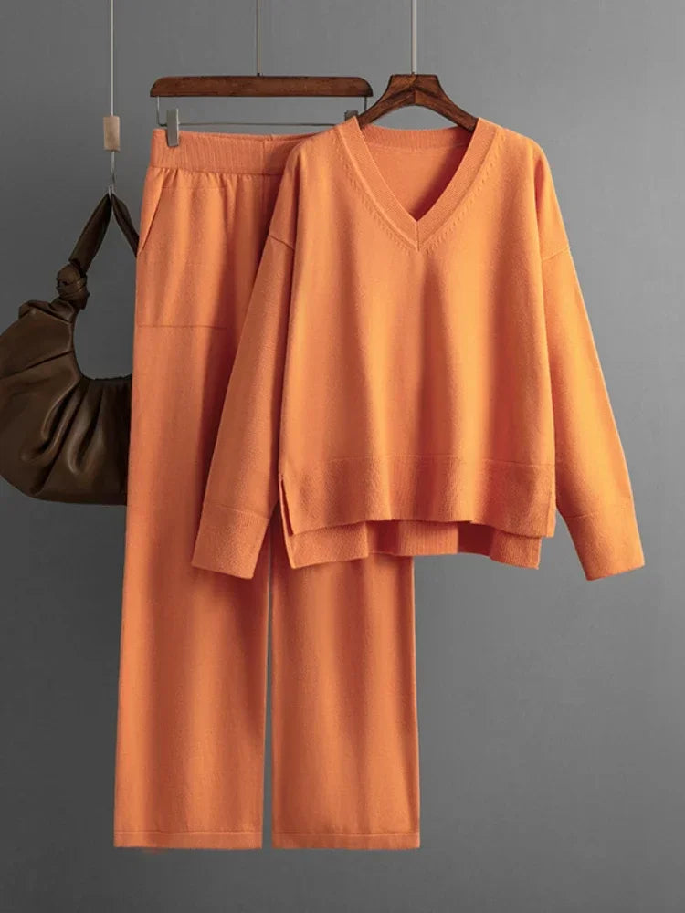 Knitted Sweater 2 Peice Set Women Winter Autumn Warm V-Neck Pullover Straight Jogging Pant Suits Casual Oversize Tracksuit Women Orange