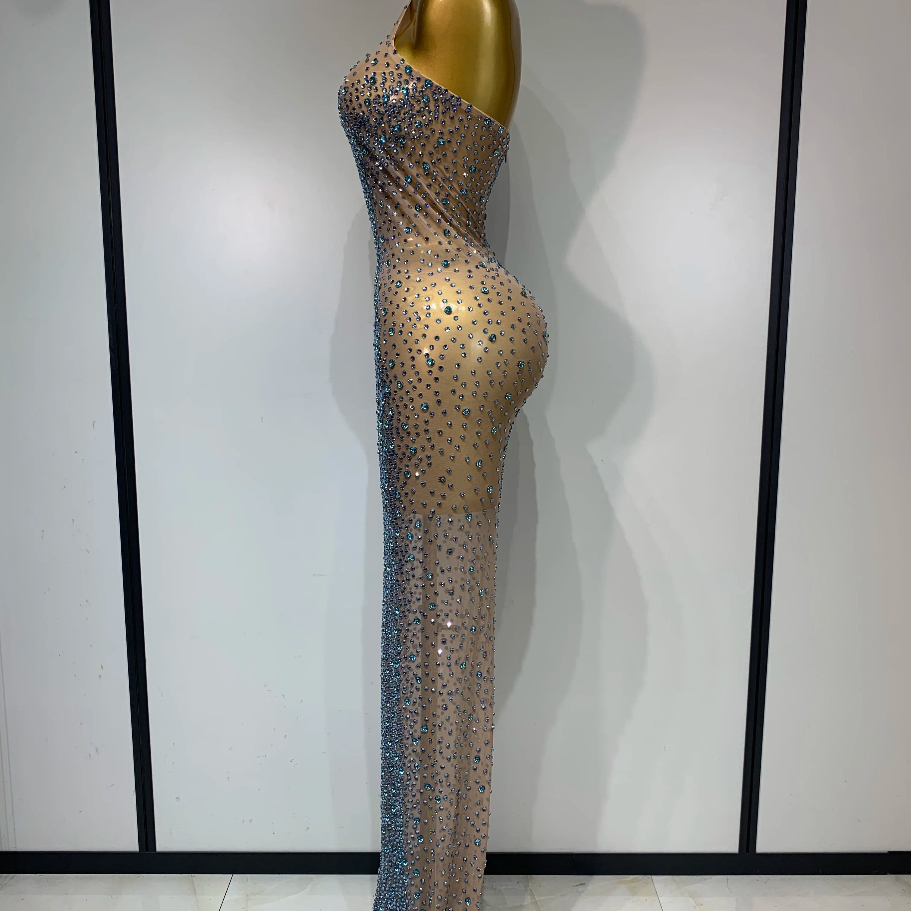 Sparkly Rhinestones Sleeveless Dress Sexy Mesh Transparent Celebrate Evening Wedding Prom Luxury Birthday Dresses Stage Outfit