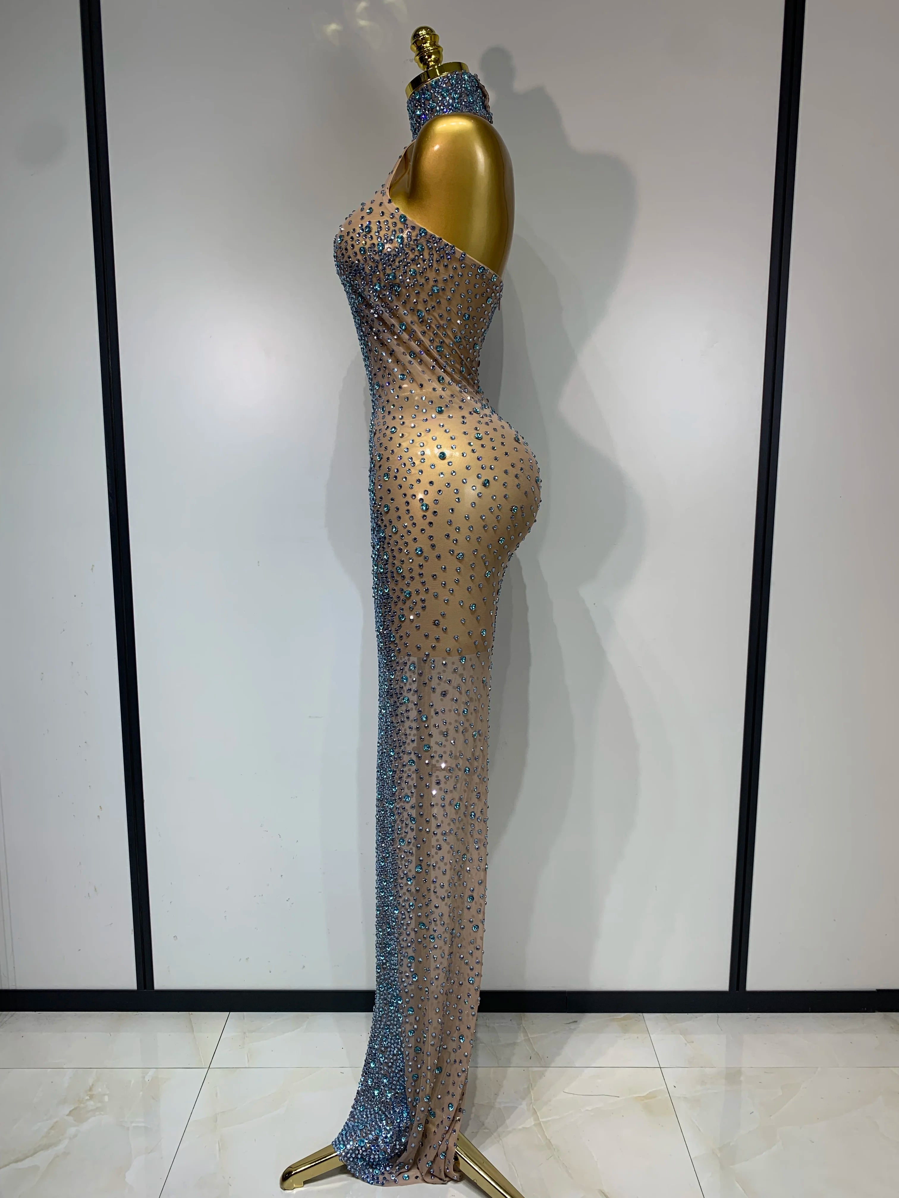 Sparkly Rhinestones Sleeveless Dress Sexy Mesh Transparent Celebrate Evening Wedding Prom Luxury Birthday Dresses Stage Outfit