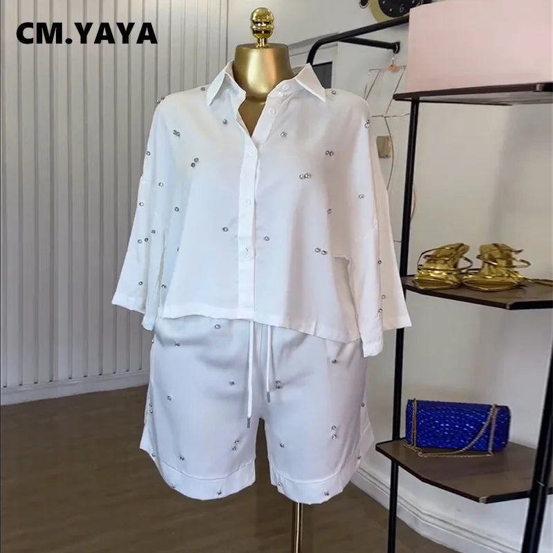 CM.YAYA Beading Women's Set Long Sleeve Shirt and Shorts Suit 2025 Summer OL Fashion Two 2 Piece Sets Outfit Tracksuit