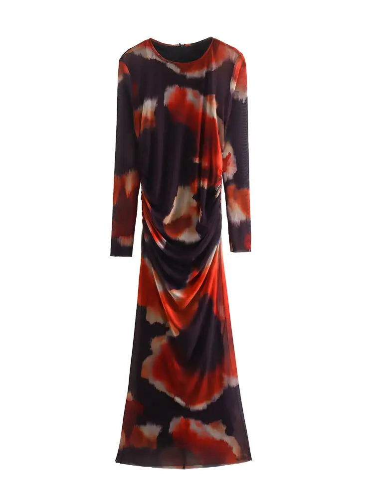 Women's Contrast Color Print Mid-calf Dress Slim O-Neck Long Sleeve Dress Spring Fashion Vintage Female Pleated Dresses red