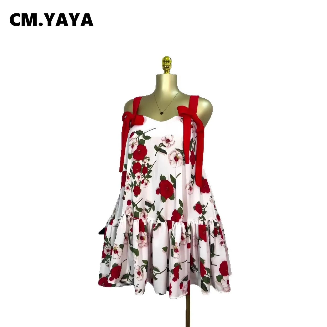 CM.YAYA Women Floral Printed Flare Sleeveless Bow Strap Belt Mini Dress 2025 Evening Sexy Beach Party Birthday Street Dresses