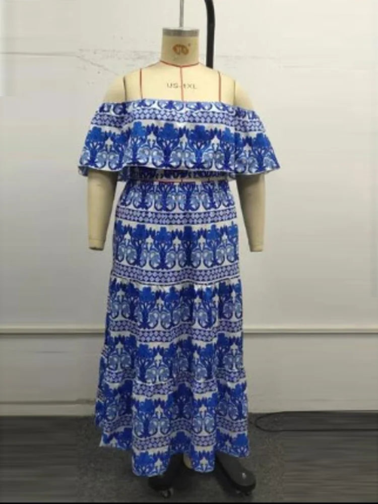 GIBSIE Plus Size Boho 2 Piece Sets Women Vacation Casual Print Off Shoulder Crop Top And Big Swing Long Skirts Two Piece Outfits