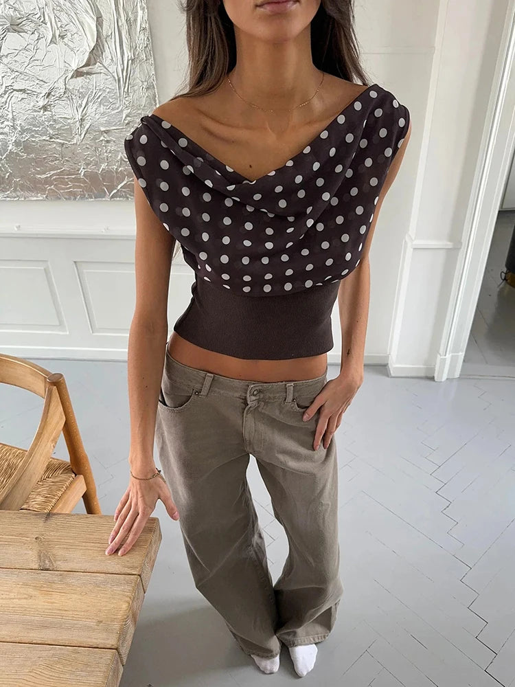 Backless Polka Dot Crop Tops Women Vest Fashion Summer Oblique Shoulder Sleeveless Tank Tops Pullovers Female