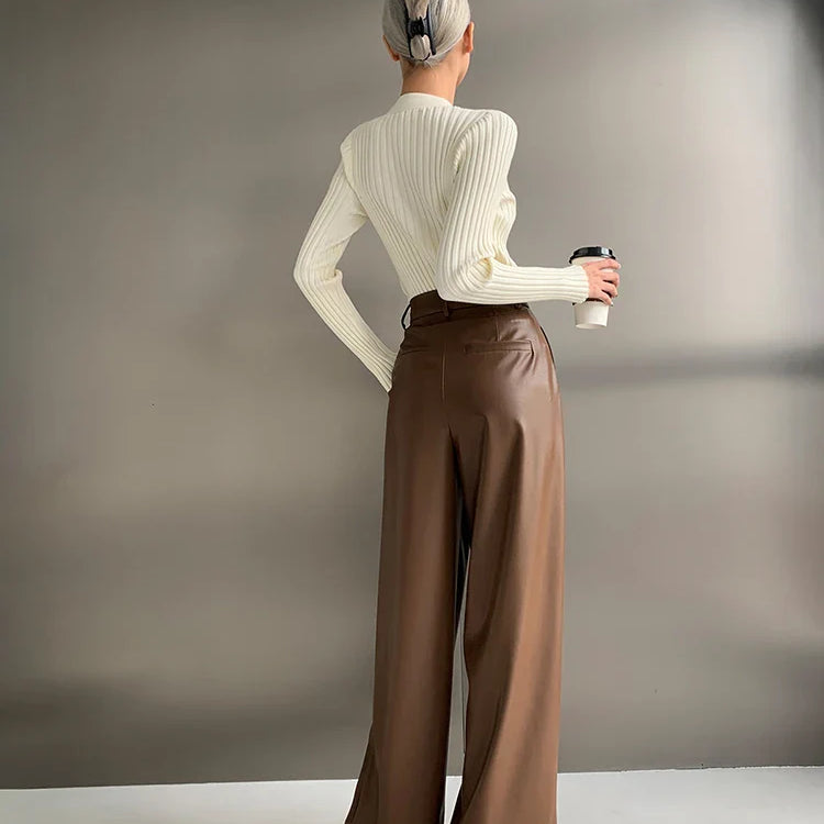 Spring Autumn Loose Casual Flowy Soft Black Brown Pu Leather Wide Leg Pants for Women High Waist Emo Korean Fashion 2023