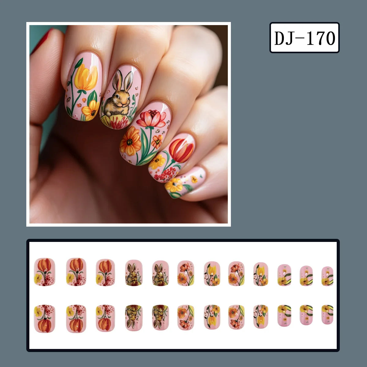 24pcs Easter Cute Rabbit Press On Nails Spring Daisy Flower Design Fake Nail Tips for Girl Women Wearable Short Cute False Nails