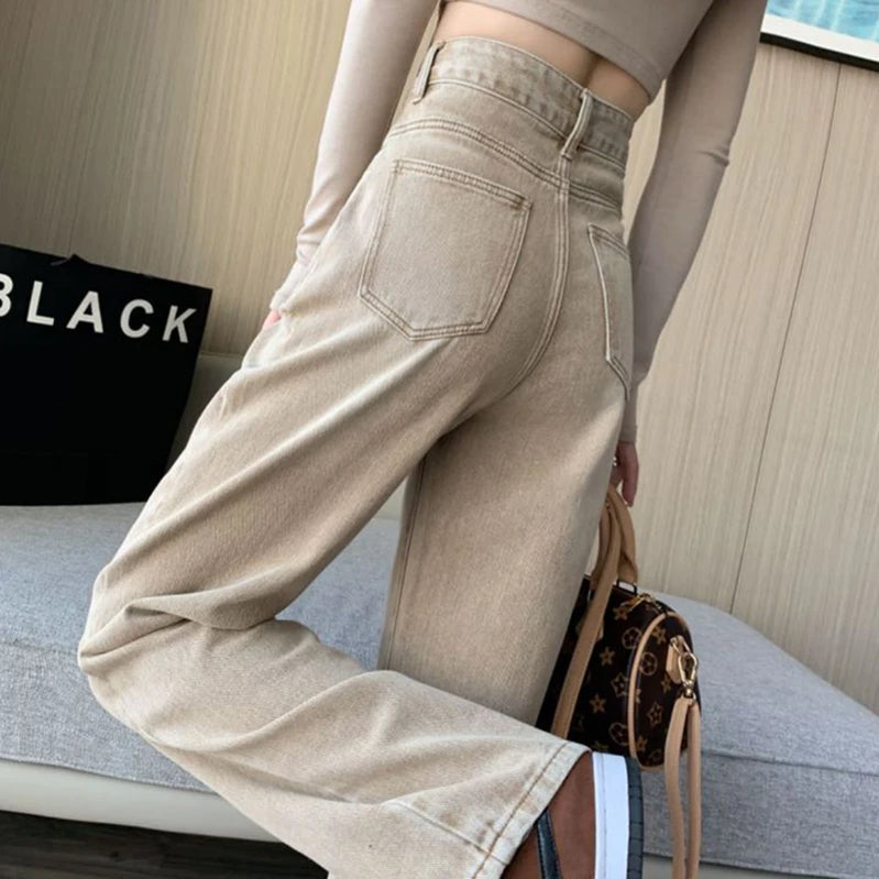 Khaki High Waist Design Denim Jeans Women's Autumn Spring New Loose Straight Wide Leg Long Design Fashion Pants