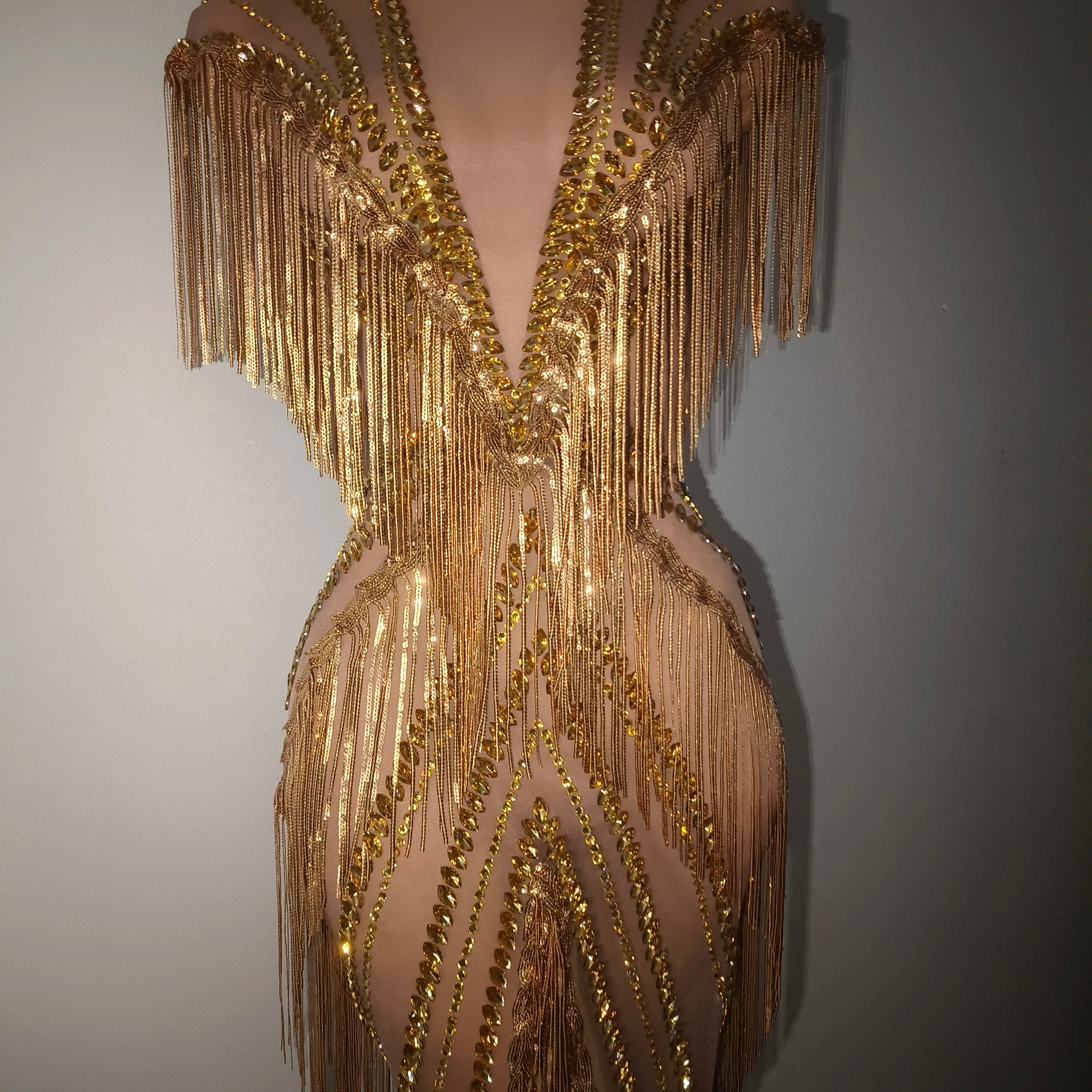New Women Sexy Mesh Crystal Tassel Sparkly Maxi Dress See Through Gold Silver Party Singer Party Costume Stage Performance Dress
