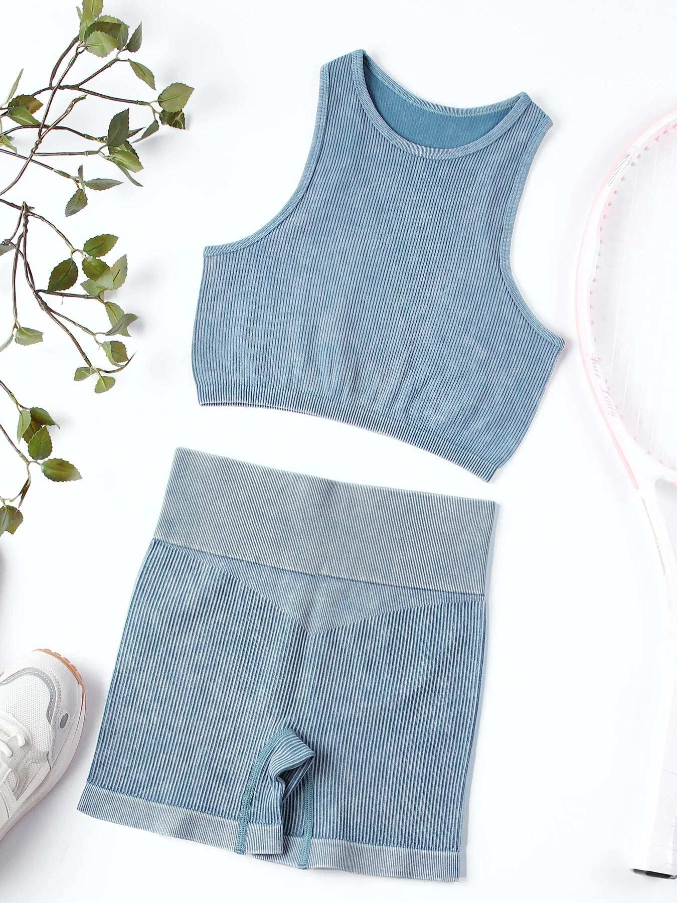 SALSPOR Wash Fitness Summer Sport Outfit for Woman High Waist Stretch Yoga Gym Set Women Activewear Running Outdoors Shorts Sets Blue