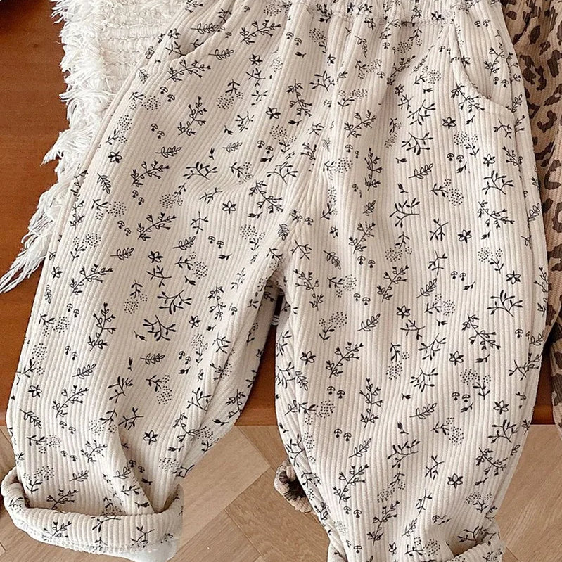 Winter Kids Pants Thicken Fur Lining Girls Trousers Warm Boys Pants beige CN