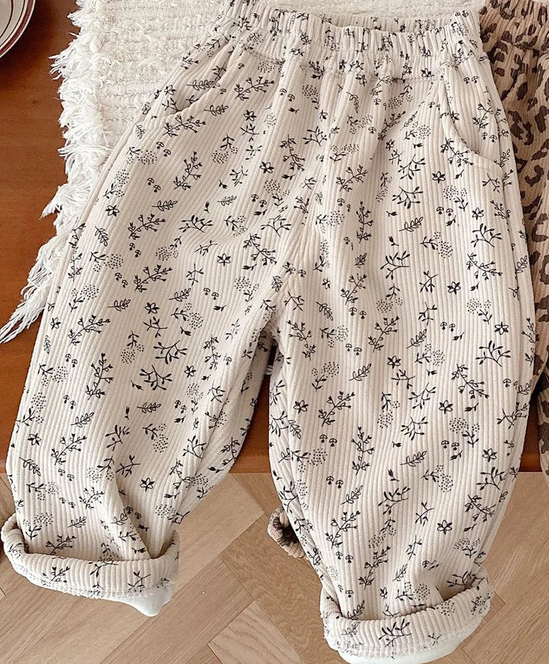 Winter Kids Pants Thicken Fur Lining Girls Trousers Warm Boys Pants beige CN