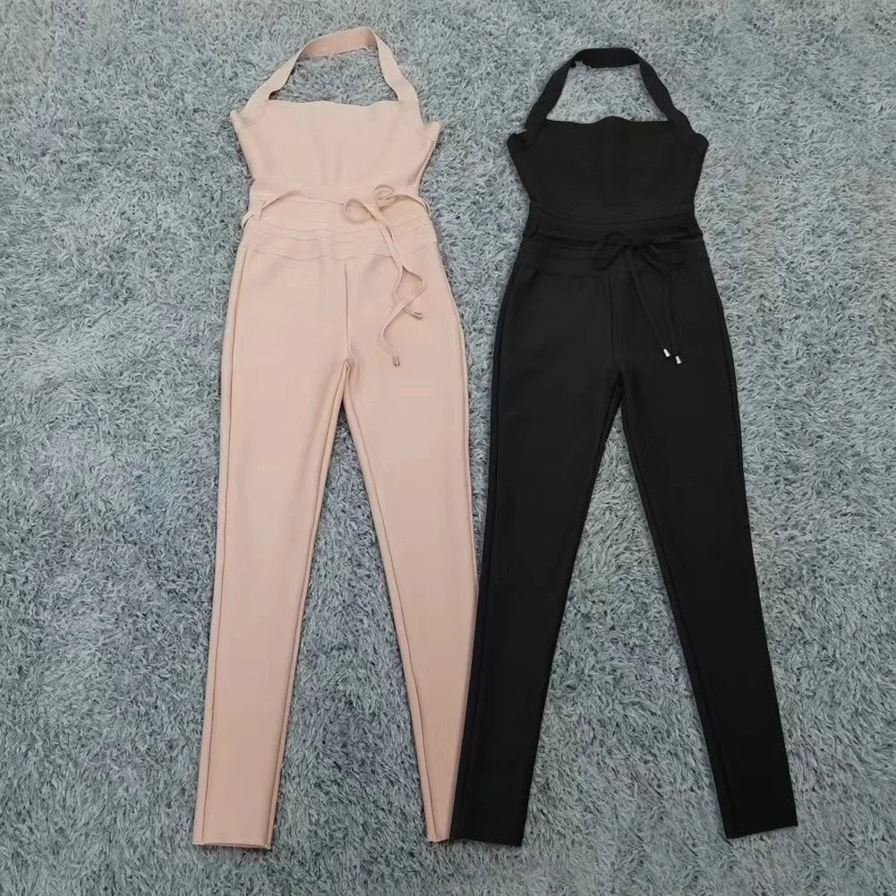 Macacão feminino preto cáqui, gola alta, rayon, bandagem, sexy, colado ao corpo, celebridade, boate, festa, macacão