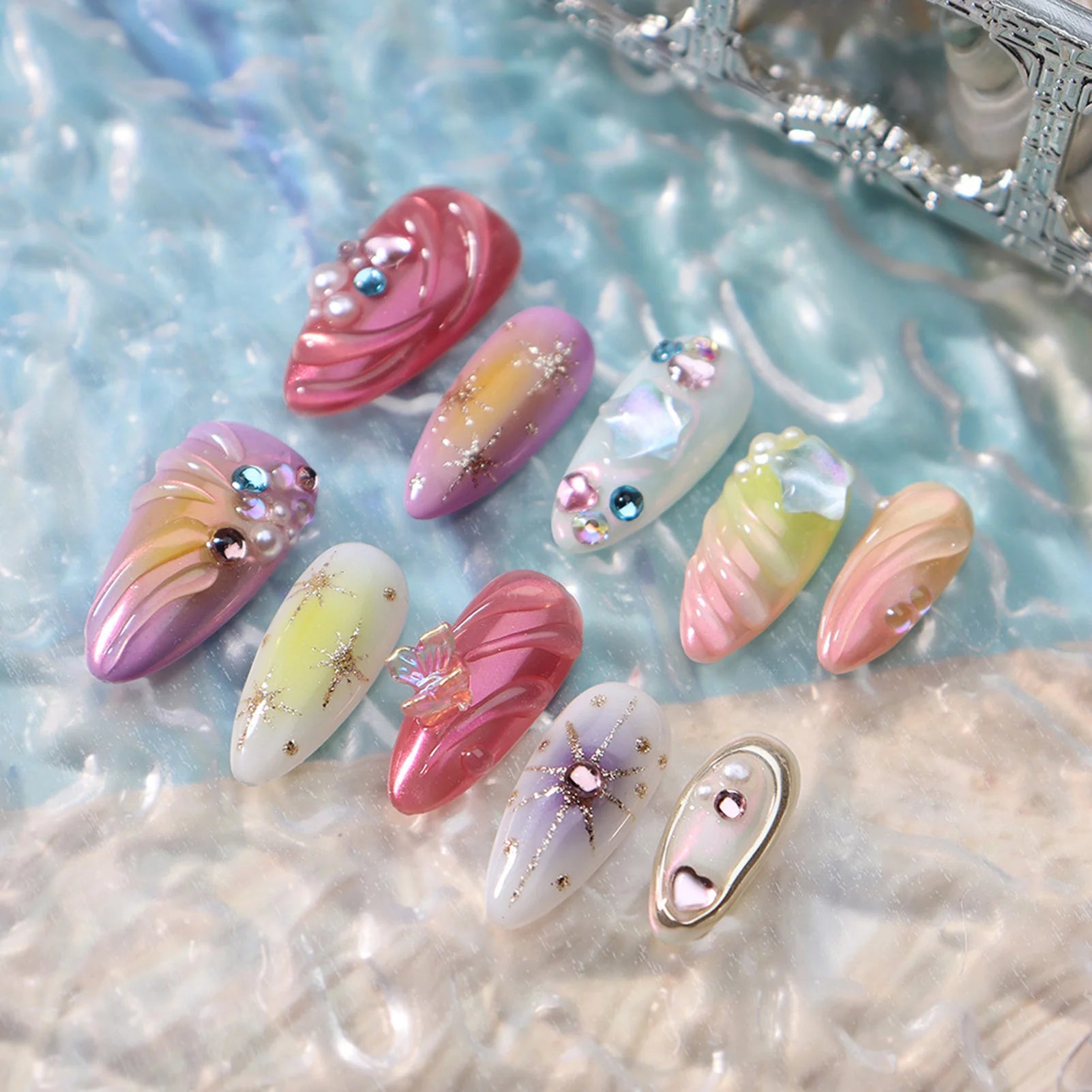 Ocean Series Fake Nail 10pcs Handmade 3d Colored Press On Nails Pearl And Buterfaly Design Almond False Nail Patches Deachable
