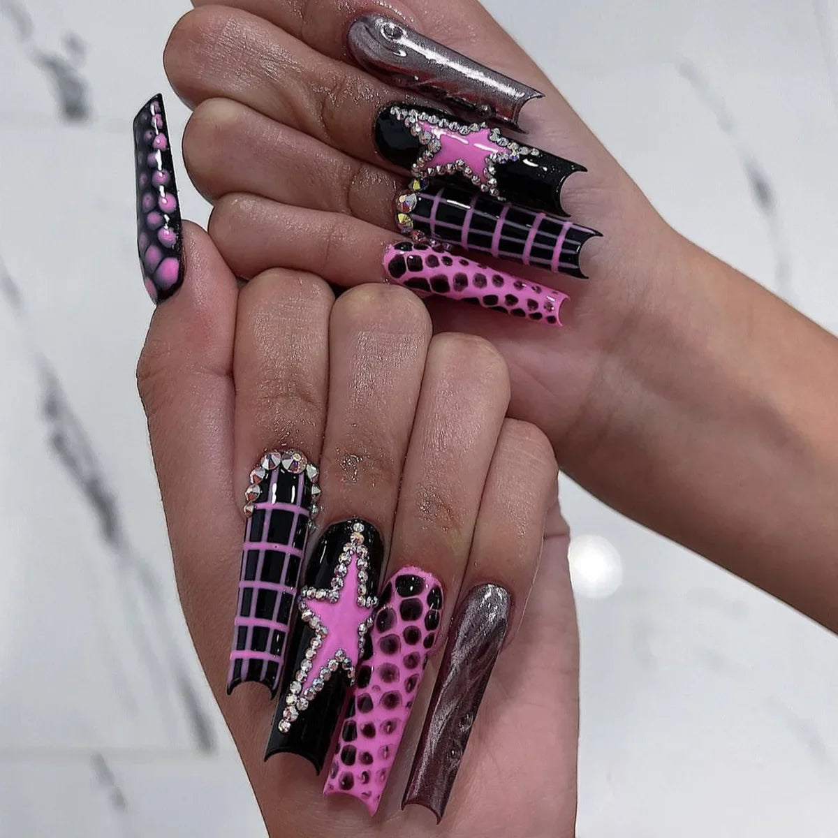 24Pcs French Tip Press on Nails Long Glitter Rhinestone False Nails Wearable Y2k 3D Bow Tie Designs Fake Nails with Jelly Glue