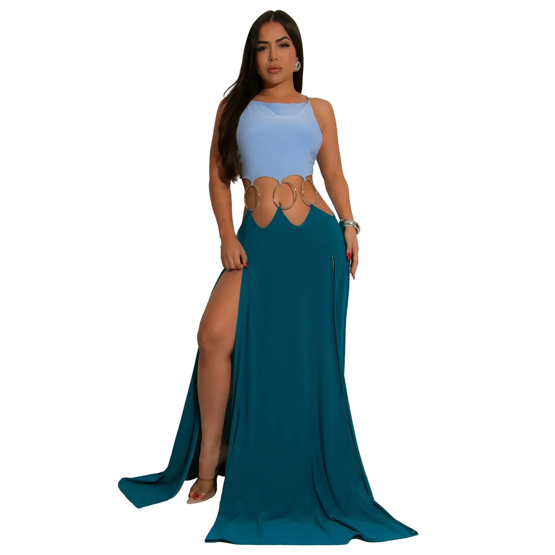CM.YAYA Women Strap Backless Big Swing Split Maxi Long Dress 2025 Hollow Out Birthday Sexy Club Party Evening Dresses Vestidos Lake Blue