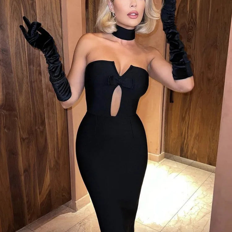 Summer Sexy Strapless Backless Bow Tie Hot Pink Black Ankle Women Bodycon Bandage Dress Elegant Evening Club Party Dress