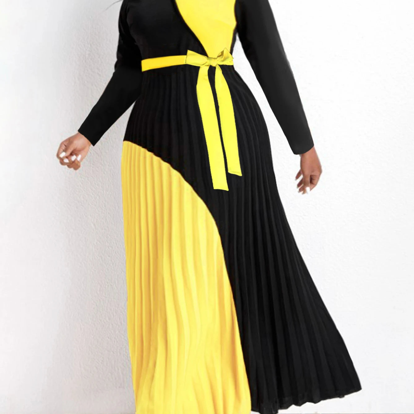 Elegant Fall Maxi Dresses Bandage Design Tiered Pleated A Line Dress Belted Long Sleeve V Neck Flowy Patchwork Vestidos Yellow