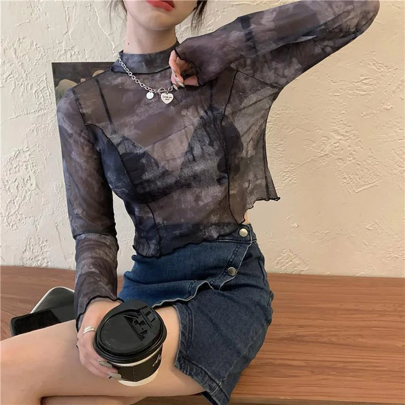 Long Sleeve T-shirts Women Tie-dye Printed Summer Sun-proof Cropped Tops Fashion High Street Gauze Korean Style Chic Teens Retro Halo Stain