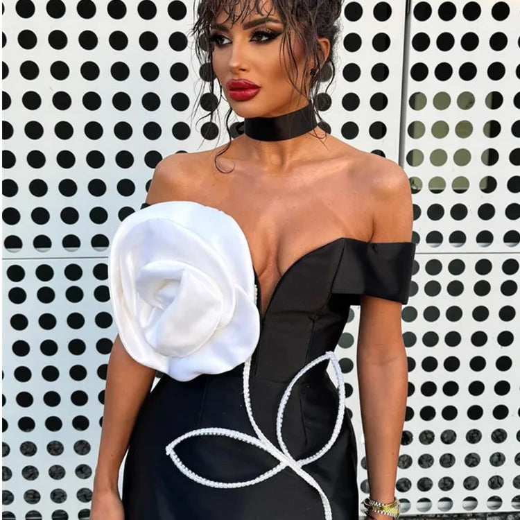 Women Celebrity Sexy Off Shoulder White Flower Black Mini Bodycon Bandage Dress Elegant Evening Club Party Dress