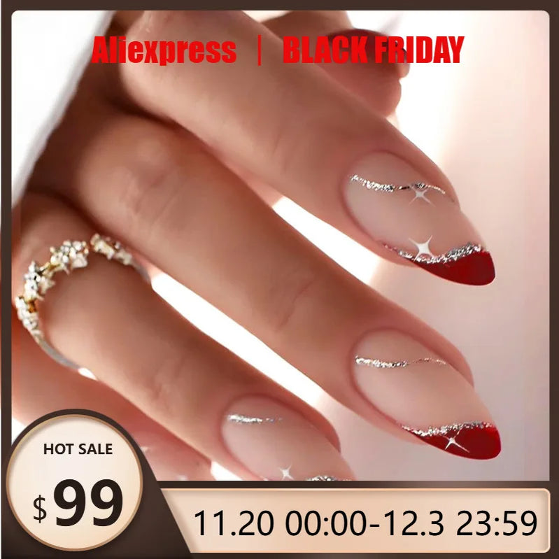 24Pcs Almond Nail French Glitter Powder Nails Designed with Acrylic Nail Art Tips for Women&Girl Daily,Party Wear