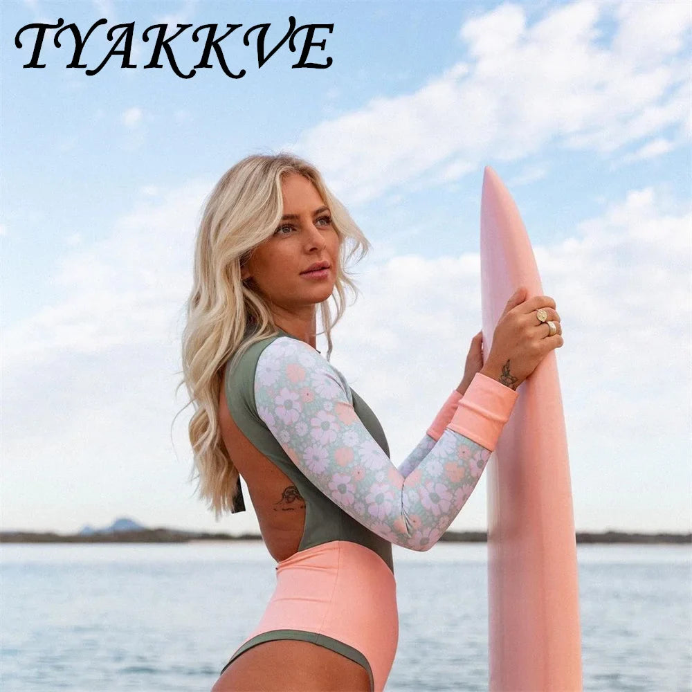 TYAKKVE Long sleeved tie dye integrated swimsuit beach Rash Guard surfing beach jumpsuit backless plus size sports  new