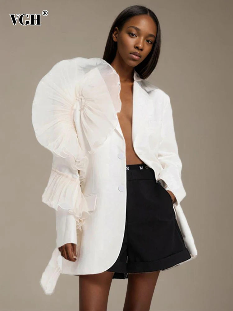 Patchwork Mesh Solid Casual Blazers For Women Notched Collar Long Sleeve Spliced Single Breasted Temperament Blazer Female