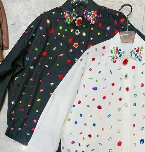Female Rainbow Color Diamonds Shirts Rhinestones Beaded White Blouse Spring Fall Single Breasted Vintage OL Cardigan Tops Blusas black