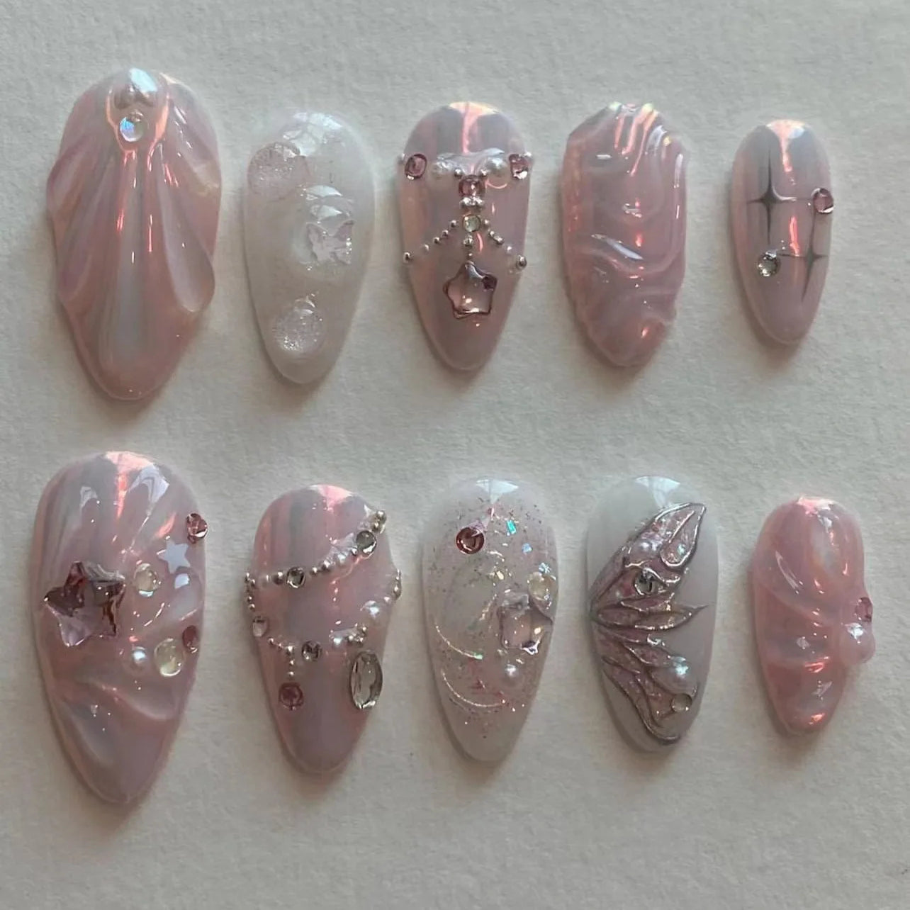 24Pcs Mid-length Almond Press on False Nails Marble Pattern Almond Fake Nail Art Purple Gradient Wearable Full Cover Nails Tips