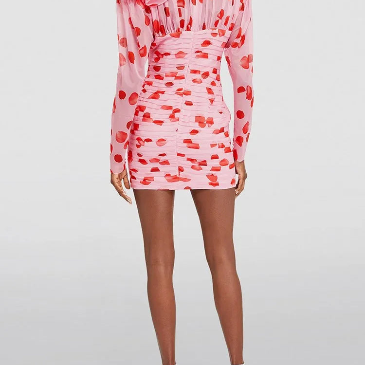 TWOTWINSTYLE Print Patchwork Floral Cut Out Dress For Women V Neck Long Sleeve High Waist Folds Mini Dresses Female Clothes New