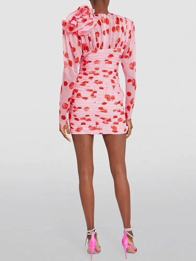 TWOTWINSTYLE Print Patchwork Floral Cut Out Dress For Women V Neck Long Sleeve High Waist Folds Mini Dresses Female Clothes New