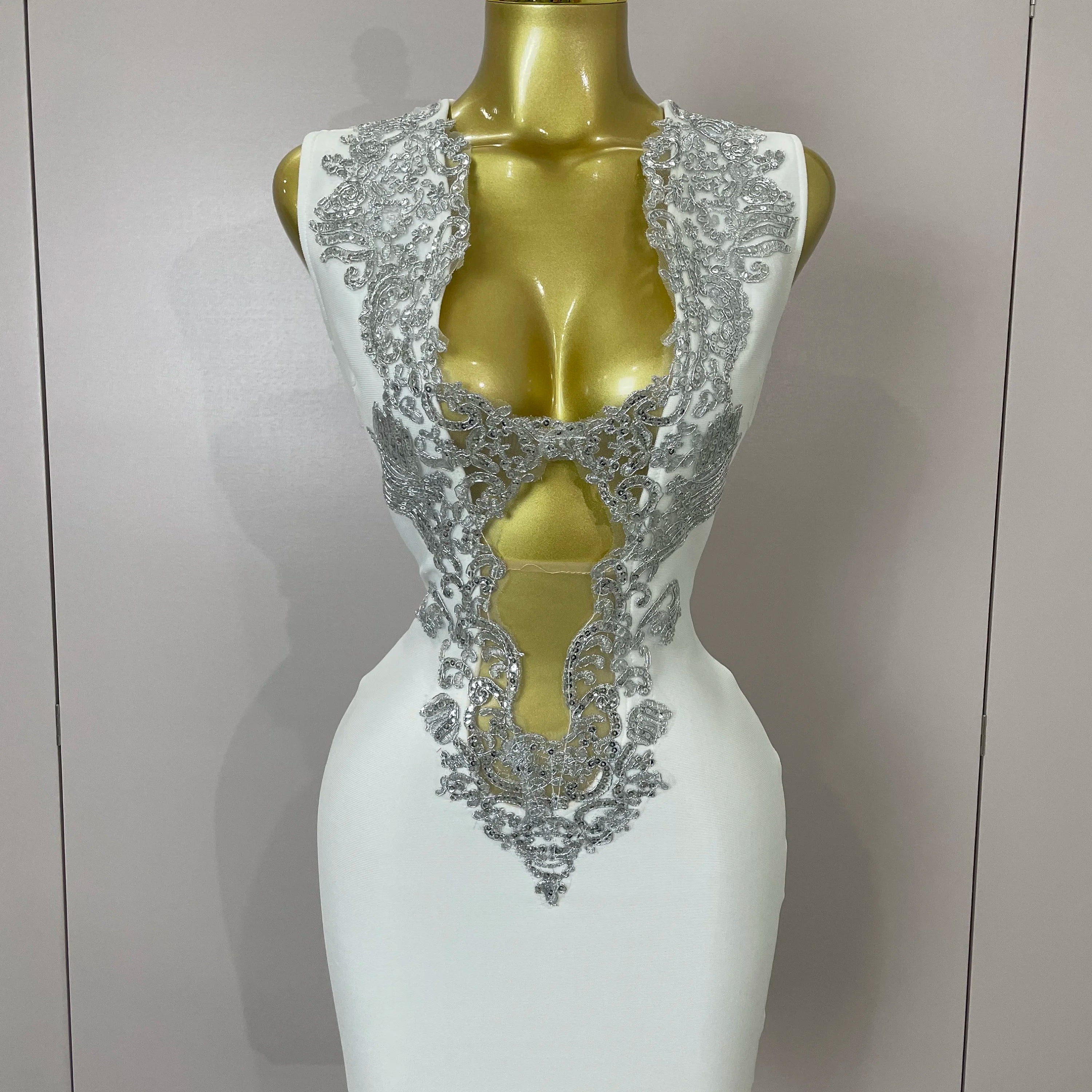 Sexy Silver Sequin White V Neck Cut Out Short Bandage Dress Women 2025 New Elegant Luxury Birthday Party Club Wedding Vestidos
