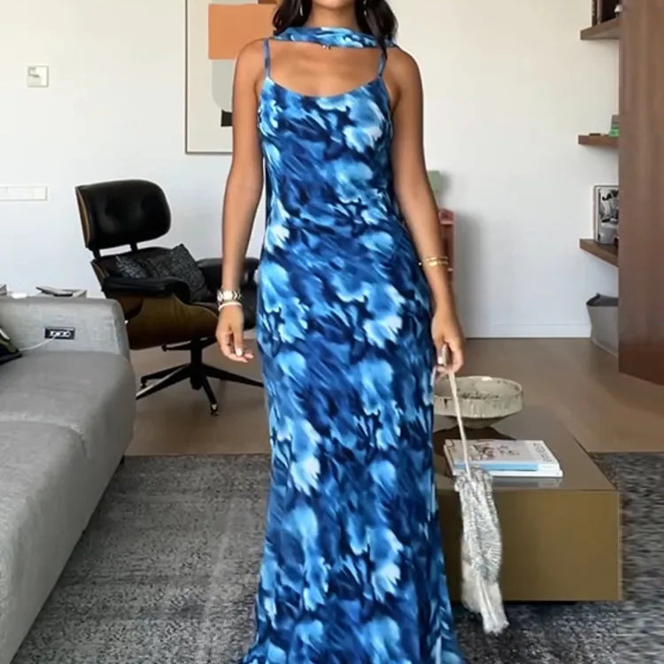 Halter Backless Print Sexy Maxi Dress For Women Gown Elegant Blue Printed Lace-up Sleeveless Evening Long Dress