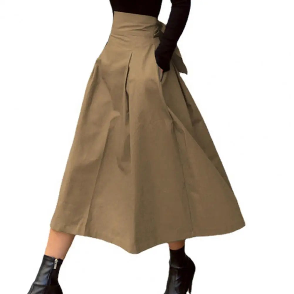 Solid Color Midi Skirt Women Summer Skirt High Waist A-Line Skirt for Women Ankle-Length Skirt faldas larga التنانير الطويلة Khaki
