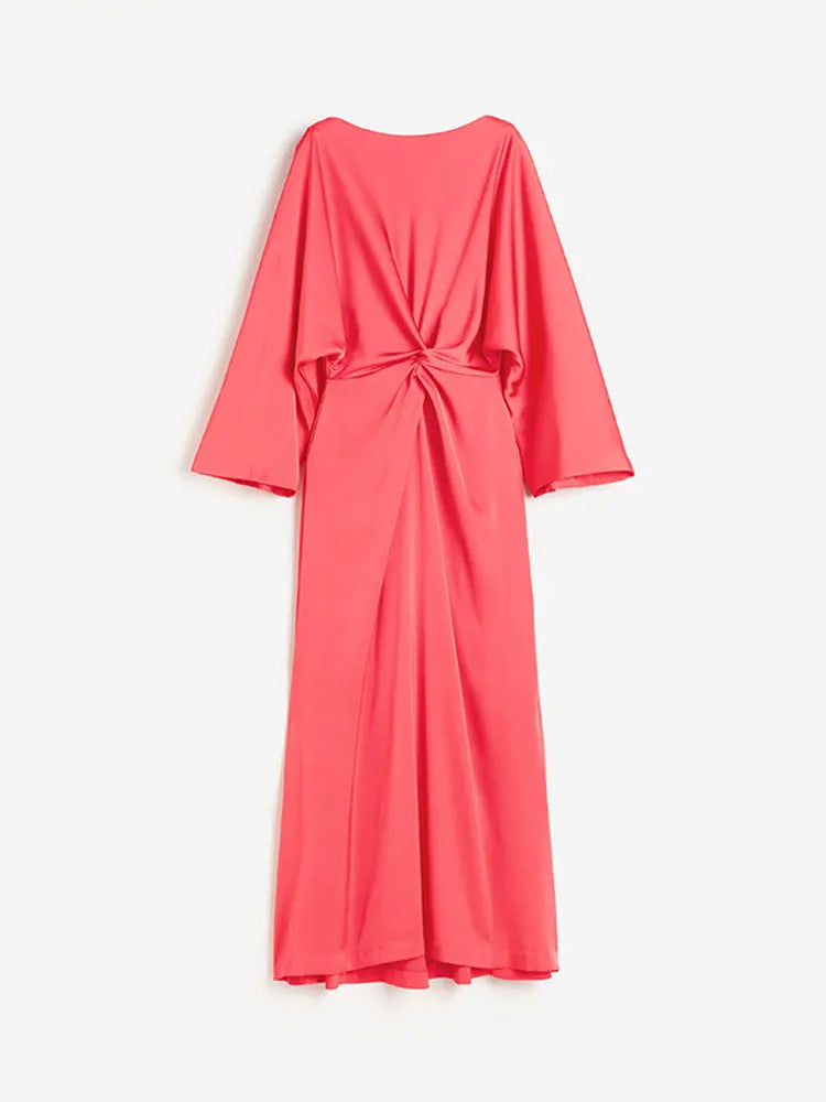 Solid Satin Batwing Sleeve Pleated Maxi Dress Women Fashion Long Sleeve O-neck High Waist Vestidos Lady Casual Loose Robes Red